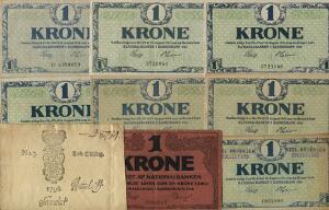 Lille samling af danske 1, 5 og 10 kr sedler fra forskellige serier fra årene 1914 til 1974 samt Christian VII stempelmærke, i alt 37 stk.