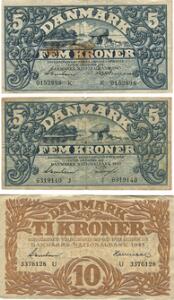 5 kr 1942 J, 1943 K, 5 kr 1952 A1, 1959 C1, 10 kr 1943 U, 10 kr 1974 D3 samt yderligere 3 nyere 10 kr sedler, i alt 9 stk. i varierende kvalitet