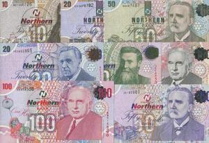 NordIrland, 10, 20, 50 og 100 Pund Sterling 2004, 10, 20, 50 og 100 Pund Sterling 2005 og 5 Pund Sterling Millennium Edition, i alt 9 stk.