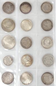 Erindringsmønter, 1892, 1903, 1906, 1923 2 stk., 1930, 1937, 1945 2, 1953, 1964, 1967 2 samt 1 og 2 kr 1915, i alt 15 stk. i varierende kvalitet