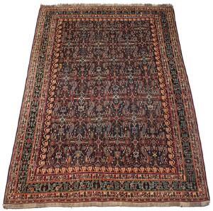 Semiantik Shiraz Kasguli tæppe, uld på uld, prydet med gentagelsesmønster på blå bund. Persien. Ca. 1950. 313 x 214.