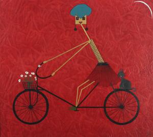 Clotilde Durand Kvinde og kat på cykel. Sign. monogram. Mixed media på rødt skind. 44 x 49.