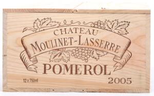 12 bts. Château Moulinet-Lasserre, Pomerol 2005 A hfin. Owc.
