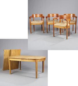 Henning Jensen  Torben Valeur o.a. Fire armstole af mahogni, løse hynder med skind. Samt ovalt bord af teak med to tillægsplader. 7