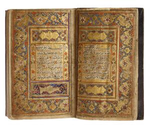 Handwritten coran in Persian on polished paper, gilt frame. 2 opening pages of illumination. Late 19th century.
