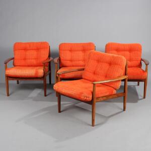 C. W. F. France Grand Danois. Fire lænestole af palisander, løse hynder med orange uld. Udført hos France  Søn. 1960erne. 4