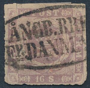 1863. 16 sk. rosalilla. Svensk skibsstempel ÅNGB.BREF, Fr.DANMARK. Mærke med småfejl