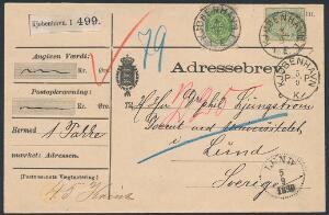 1875. 25 øre, grågrøn og Våben, 5 øre, grøn på flot adressebrev til Sverige