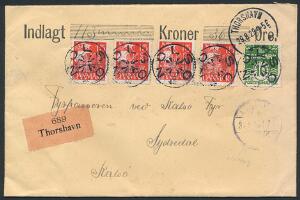 1929. Internt værdibrev frankeret med i alt 75 øre annulleret med stjernestempel NOLSØ samt Thorshavn 29.8.29. Pragtkvalitet