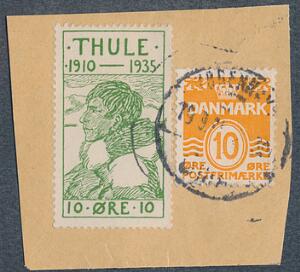 1935. Thule, 10 øre, grøn samt Bølgelinie, 10 øre, orange. Blandingsfrankering på lille klip i København 19.9.3-. Stor sjældenhed