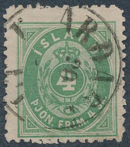1873. Tjeneste. 4 sk. grøn, linietakket. Antiquastempel HJARDARHOLT