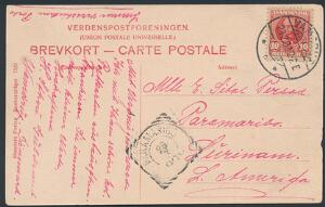 1907. Fr. VIII, 10 øre, rød. Single på brevkort fra VAMDRUP til PARAMARIBO, SUMATRA 28.2.1909. Ankomststempel 26.3.09. Sjælden destination