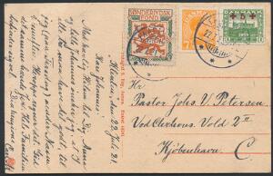 1921. Røde Kors 510 øre, grøn. samt Chr.X, 7 øre, orange og mærkat Sønderjydsk Fond på smukt brevkort fra Faareveile 22.7.21