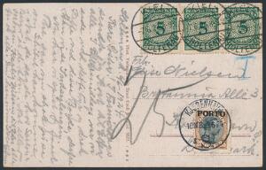 1921. Chr.X, 25 øre, brunsort med variant 2-tal forbundet med cirklen. På underfrankeret brevkort fra Kiel til København