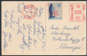1961 på brevkort med rødt frankostempel 20 øre fra Nykøbing Sjælland 19.12.61 til Amager. Sjældent
