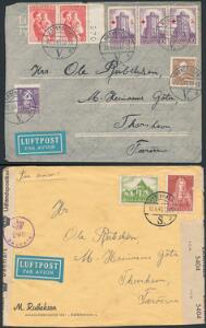 1945. 2 breve fra København til Thorshavn. Første sendt 22.5.45 uden censureringer, det andet sendt 13.6.45 med både dansk- og engelsk censur