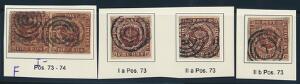 1851-1853. 4 RBS. Plade I, nr.73 i Ferslew, Thiele I, Thiele IIa og IIb. sæt med 4 nydelige mærker fra samme position. Sjældent udbudt.