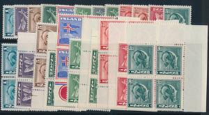 1939-1945. Fisk m.v. 5 komplette postfriske sæt incl. fireblok-sæt. Facit 8000