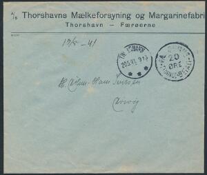 1941. Franco Betalt, 20 øre. Stemplet på brugsbrev fra Thorshavn 20.5.41 til Kvivig med indhold faktura fra Thorshavns Mølkeforsyning
