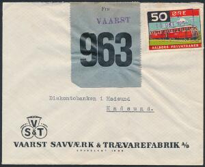 1954. Aalborg privatbaner, 50 øre, flerfarvet på brev med fragtseddel fra VAARST 18.10.1954 til Hadsund. Sjældent