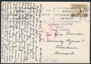 1940. 15 øre, gråbrun på brevkort fra Oslo 30.5.40 til København. Violet 3-liniestempel Viderebefordring Tillatt TYSK CENSUR
