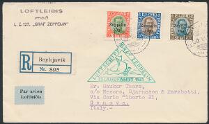 1931. Zeppelin. Komplet sæt på REC-brev fra Reykjavik 30.VI.31 til Genova, Italien. Transitstempel Friedrichshafen 3.7.31 og ankomststempel 4.7.31