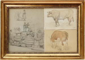 Kittendorfs cows 9 orig. drawings water colour and pencil by J.A. Kittendorf, 6 signed. In 2 frames. 2