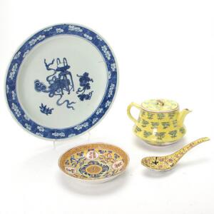 Daoguang tepotte, Tongzhi ske og Guangxu asiet af porcelæn med gul grund, samt tallerken i underglasur blå. Kina 19.-20. årh. 4