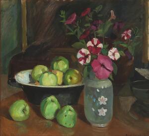 Rud. Jacobsen Opstilling med blomster i en vase og frugter i en skål. Sign. Rud. Jacobsen. Olie på lærred. 59 x 64.