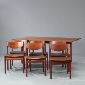 Ejner Larsen  Aksel Bender Madsen Spisestue bestående af spisebord med underliggende tillægsplade og seks stole af teak. 7
