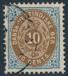 1901. 10 Cents blåbrun, tk. 12 34. Stemplet mærke med variant punkt mellem T og S. AFA 1500.