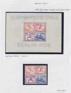 Tysk Rige. 1936. OL. Special-samling opsat på 17 sider med postfriske og stemplede blokke  forsendelser.