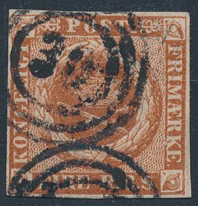 1854. 4 RBS Thiele III, kastaniebrun. Stemplet. AFA 1800