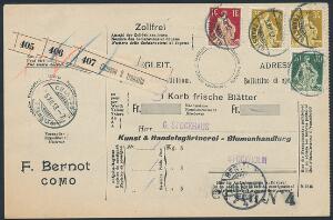 Schweiz. 1913. 3 Fr. gulbrun, 2 stk. m.fl. på Adresse-kort sendt til SVERIGE. Sjælden frankering med høje værdier.