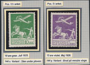 1925. Gl. luftpost, 10 øre, grøn. Variant sten under plov og 15 øre, violet med variant Brud på vingen. 2 fine ubrugte mærker