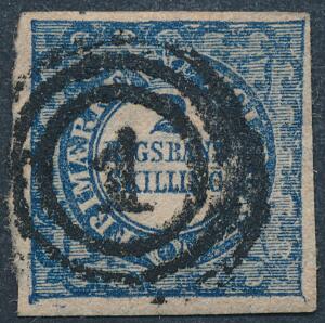 1852. 2 RBS Thiele, blå. Smukt og fejlfrit mærke med retvendt nr.stempel 1.