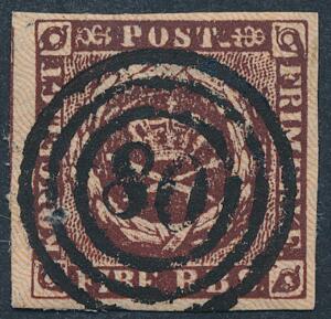 1853. 4 RBS Thiele II, sortbrun. Bredrandet PRAGT-mærke med skarpt nr.stempel 80.