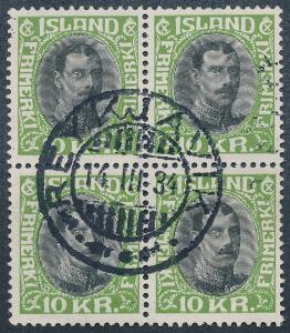 1931. Chr.X, 10 kr. grønsort. Brugsstemplet fireblok ann. Reykjavik 14.III.34. Sjælden enhed. Facit 7200