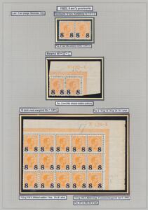 1921. 87 øre, orange. Planche med diverse varianter incl. 15-blok med både Lille afstand i pos. 9 og Hage på E i pos. 30. Attest Nielsen
