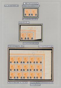 1921. 87 øre, orange. Planche med diverse varianter incl. 15-blok med både Lille afstand i pos. 9 og Hage på E i pos. 30. Attest Nielsen