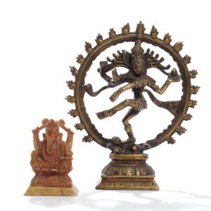 Ganesh og Shiva. Figurer af udskåret sten og af patineret messing. 19.-20. årh. H. 10 og 24. 2