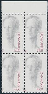 2000. 4 kr. rødbrungrå, Margrethe II. Postfrisk 4-blok STÆRKT FEJLPERFORERET.