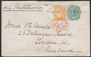 Indien. 1870. Victoria. 2 a. orangegul og 4 a. grøn. Smukt brev sendt til England.