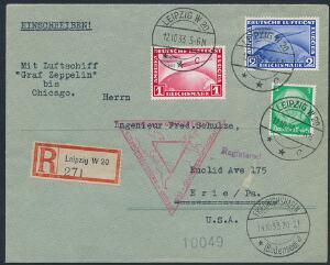 Tysk Rige. 1933. 1 RM, Zeppelin Chicagofahrt, rød samt 2 RM, ultramarin, på smuk GRAF-ZEPPELIN-forsendelse.