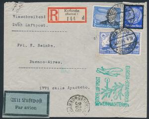 Tysk Rige. 1934. Luftpost. 3 RM. blåsort m.fl. på ZEPPELIN-brev EUROPA-SÜDAMERIKA.
