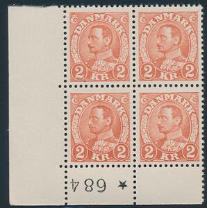 1934. Chr. X, 2 kr, brunrød. Nedre marginal 4-blok incl. variant DOBBELTPRÆG. AFA 2800