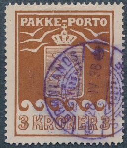 1930. 3 kr. brun. Annulleret med stålstempel. AFA 1400. Attest Nielsen.