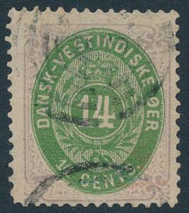 1873. 14 Cents lillagrøn. Stemplet mærke, men med reparation i venstre side af øvre marginal. AFA 12000. Udtalelse Nielsen.