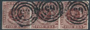 1852. 4 RBS Thiele I, rødbrun. Smuk, vandret 3-STRIBE, med pæne rande og nr.stempler 65 Slagelse. Attest Grønlund.
