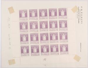 1937. 70 øre, violet og 1 kr, orange. 20 stk. postfriske i blokke af hver værdi. AFA 14600